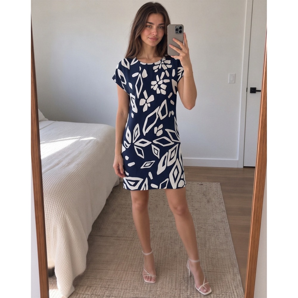 Diane von Furstenberg Silk Shift Dress SP Navy White Geometric Resort Preppy